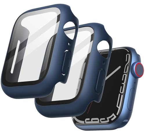 JETech Cover con Pellicola Protettiva per Apple Watch Series 9 8 7 45 mm, Custodia Protettiva Complessiva, Pellicola Integrata in Vetro Temperato ad Alta Sensibilità, 2 Pezzi (Blu)