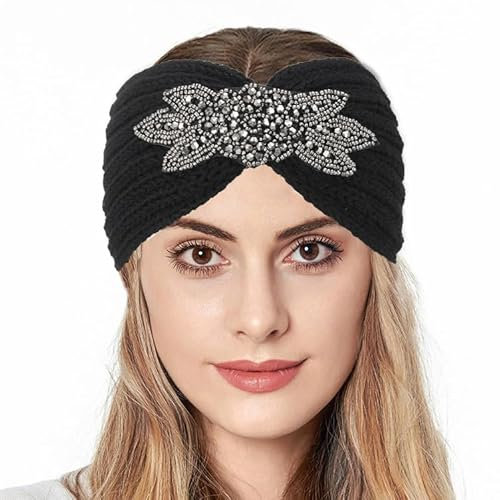 Fashband Winter Stricken Stirnbänder Twist Rhinestones Stirnband Elastische Ohrwärmer Dicke Kopfbedeckungen für Frauen und Mädchen (Schwarz)