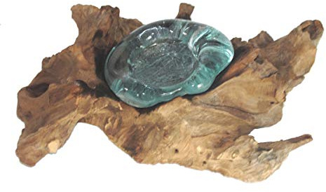 SAWA-ART Spezieller Deko Glas Teelichthalter Kerzenhalter auf Wurzelholz, fließendes Glas auf Wurzel, Dekolicht Geschenk-Tipp Geschenkidee
