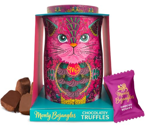 Monty Bojangles Persian Pink Schokoladentrüffel (135g) Truffle Pralinen mit Kakao bestäubt, Schokolade Pralinen individueller Sammlerdose mit Katzen-Design, Geschmack Choccy Scoffy