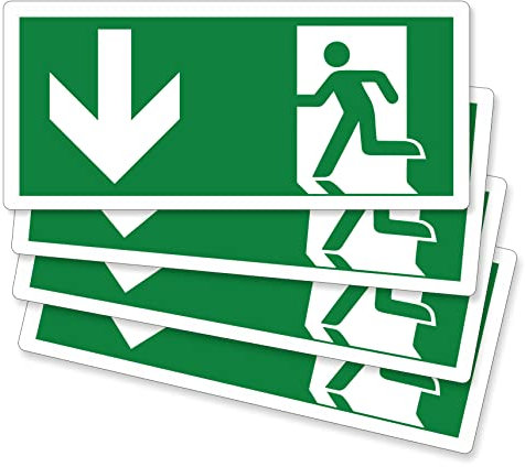 pubblimania 4 Pezzi Uscita di Emergenza in Basso PVC Adesivo Resistente per Esterno e Interno (Cm 29x13) (4 Uscita in Basso)