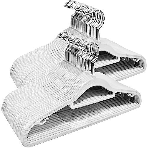 ABHENG 50 Stück Kleiderbügel, Rutschfester Kunststoffbügel, Platzsparender Bügel, 360° Drehbarer Haken, Dicke 0,5 cm, 42 cm lang, für Mäntel, Kleider, Hemden, Weiß + Silber, APY0350W