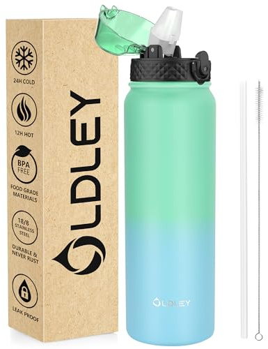 OLDLEY 1L Botella Agua Acero Inoxidable con Pajita, Aislado al Vacío Botellas Agua Metal Prueba de Fugas, Mantiene las Bebidas Calientes y Frías para Bicicleta, Camping, Deportes, Mujeres, Hombres