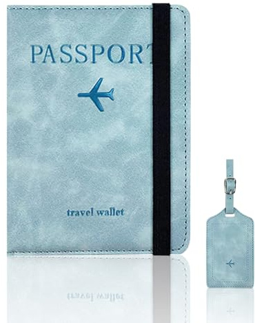 FZSECRIU Reisepasshülle 、Kofferanhänger 2 Stücke, Passport Hülle mit RFID-Blocker, Impfpass Hülle, Kofferanhänger, Ausweishülle, Passport Cover（Blau）
