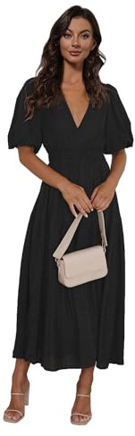 MessBebe Womens Summer Casual Maxi Dress V Neck Puff Sleeve Ruffled Solid Color Ruffle Beach Dress Black