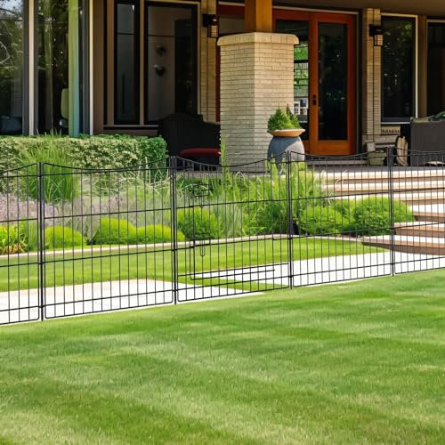 INJOPEXI Valla de jardín con 12 paneles de 24 pies de largo x 24 pulgadas de alto, vallas decorativas de jardín con 11 paneles + 1 puerta, alambre de metal inoxidable temporal sin excavación de conejo