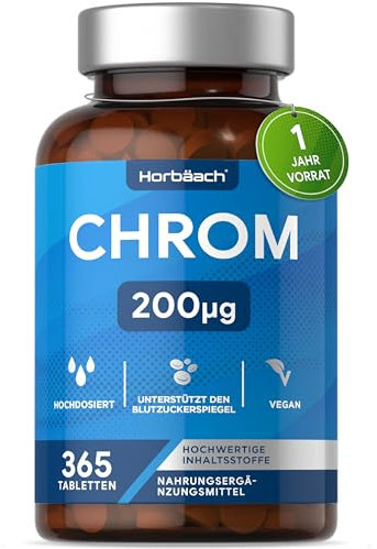 Chrom Tabletten aus Chromium Picolinate 200 mcg | 1 Jahr Vorrat - 365 Vegan Tabletten | Hochdosiert Chrom Picolinat | ohne unnötige Zusätze | Horbaach