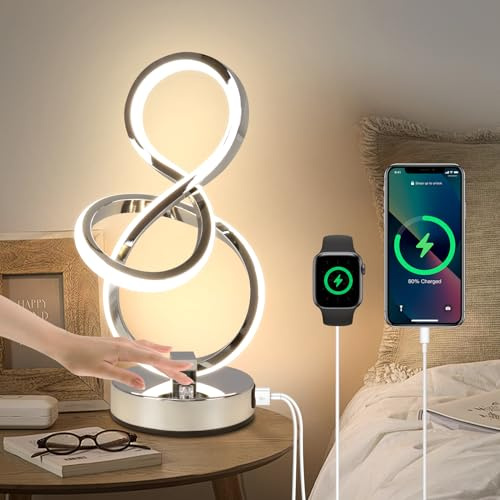 EIDEARAY Modern Table Lamp, LED Bedside lamp with USB C+A Ports, Touch Stepless Dimmable Nightstand lamp, Unique Spiral Table lamp for Bedroom Living Room Home Office, LED Spiral lamp, Silver