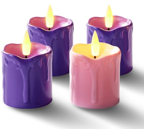 Homemory Purple and Pink Advent Candles Set of 4, 400+ Hours Long Lasting Flickering Flameless LED Votive Candles with Timer, 2 x 2 Melted Candles for Christmas Advent Rituals and Wreath