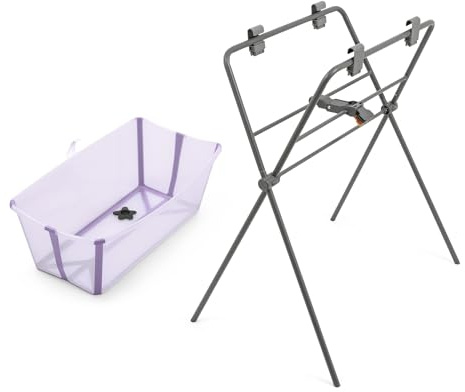 Bañera Flexi Bath de Stokke (Lavanda) + Soporte - Bañera Plegable para Bebés hasta 10 kg - Duradera y Fácil de Guardar - Cómoda para Casa o Viaje