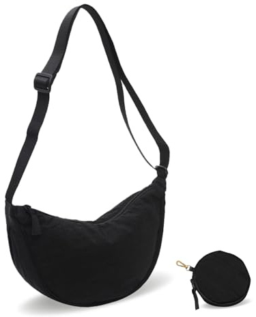 GoPaw Damen Halbmond Crossbody Schultertasche, Hobo Halfmoon Bag, Nylon Crossbody Bag Damen Halbmond Schultertasche mit Ein Münzgeldbeutel Verstellbarer Schultergurt, Einfarbige (Schwarz)