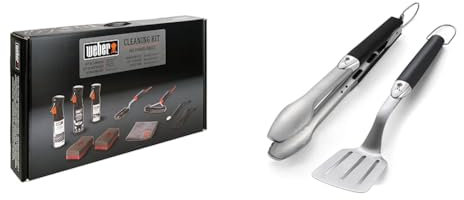 Weber Reinigungsset Emaille-Gasgrills, Multi & 6645 Grillbesteck Kompakt 2-teilig, Zange und Wender, Edelstahl, schwarz