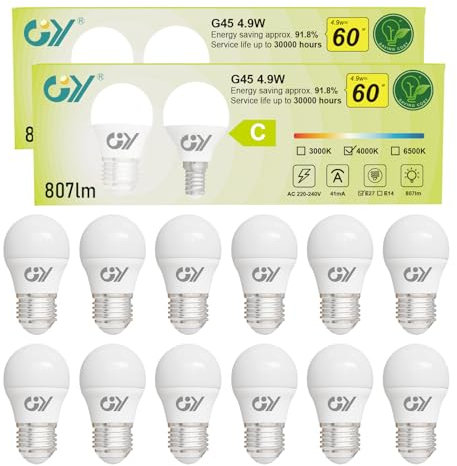 GY Lampadine LED E27, 4.9W (equivalenti a 60W), Lampadine LED Attacco Piccolo G45, 4000K Luce Naturale, 807 Lumen, Lampadine Risparmio Energetico Bianco Neutro, Certificazione CE, 12 Pezzi