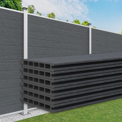 HEXIM Gartenzaun WPC, Alu Pfosten 180x180cm Steckzaun grau & anthrazit, Sichtschutz Windschutz Zaun Lamellenzaun (6 Zaunbretter 14cm grau)
