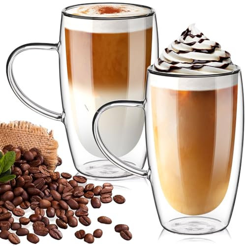 TKNO Set of 2 Pack 450ml Double Walled Tall Glasses Mugs Cups with Handle for Tea Latte Juice Ice Cream Borosilicate Heat Resistant Large Glass Cups, Microwave Safe, Ideal for Hot/Cold