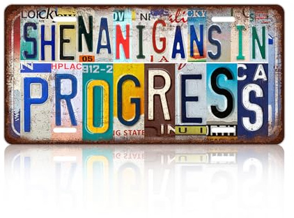 Vintage License Plate Wall Decor Shenanigans In Progress Metal Tin Sign For Bar Home 12 x 6 Inches