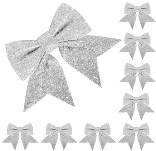 8 Pack Glitter Silver Christmas Bows - 15cm Wide, Silver Bows for Tree Decorations, Gift Wrapping, Crafting, Ornaments & Wreaths