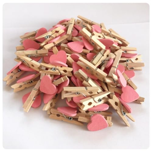Pmnzdy Lot de 30 pinces à linge en bois en forme de cœur de 3 cm - Mini pinces décoratives - Clip décoratif pour photos, scrapbooking, mariage, fête, photo, emballage cadeau et bricolage - Rose