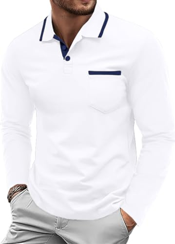QIXING Herren Poloshirt Langarm Golf Polo Klassisches Baumwoll-Polo mit Brusttasche Casual Polo T-Shirt Pullover