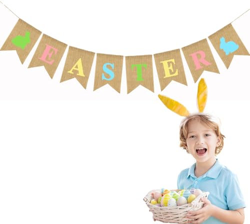 Happy Easter Banner, Easter Bunny Garland, Easter Bunny Banner, Easter Bunny Hanging Craft Decoration, Happy Easter Garland for Wall Door Indoor Outdoor Garden Home Party Decoration