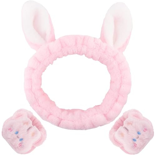 Handgelenk Waschband mit Haarband, 3 Stück Bunny Ears Headband Make Up, Gesicht Waschen Stirnband Rosa, Stirnband Kosmetik Hasenohren für Spa, Yoga, Beauty