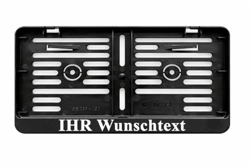 1x Schwarz Kennzeichenhalter 255 x 130 mm mit individuellem Wunschtext Weiß Direkt Bedruckt mit UV-Digitaldruck
