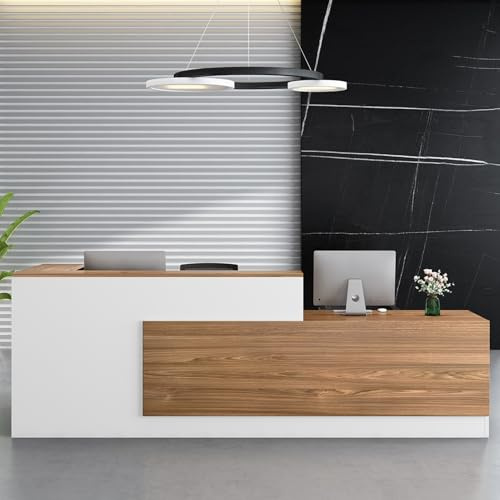 Heliosrider Empfangstheke, Empfangstisch, Einfach Moderner Empfangstresen, L-Förmiger Rezeptionstheke, Schreibtisch mit Theke Empfang, Holzwerkstoff, mit Tastaturschublade, Büromöbel, Ladentheke