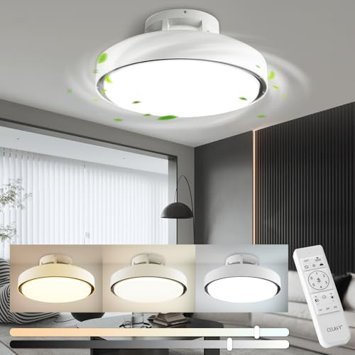 CELAVY Deckenventilator mit Licht Beleuchtung 48CM, 74W Deckenlampe mit Ventilator Dimmbar, Flach Modern Deckenleuchte mit Fernbedienung, LED Leise Ventilator Lampe Decke Schlafzimmer, Weiß & Schwarz