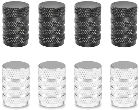 4PCS Silver 4PCS Black Tire Valve Caps - Dust Caps for Car Tyres - Aluminium Car Tyre Valve Caps with Tread Design - Universal Dustproof Tyre Valve Covers for Cars, Bikes, Motorcycles, Trucks