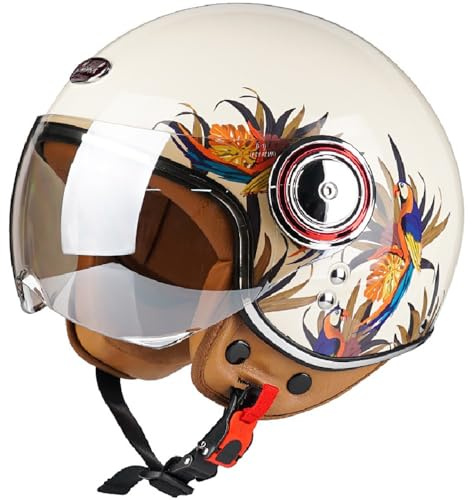 WZGGTEAM Jethelm mit Sonnenblende, Vintage Motorrad Jet Helm Roller Helm für Damen Herren, ECE 22.05 Zertifiziert Halbhelm, Jet-Piloten-Motorrad-Retro-Chopper-Cruiser-Vintage-Mopedhelm