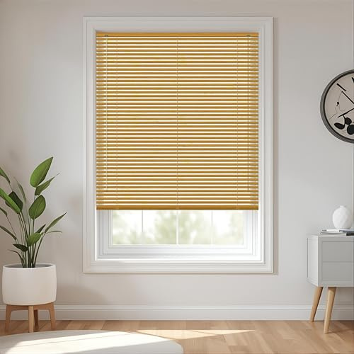 PVC woodgrain effect windows shutters for privacy home offices Blinds - Strong Trimmable Easy fit child safe window curtains - Teak colour - Width 114cm x Drop 150cm