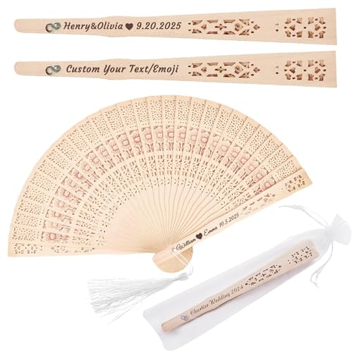 Yecaiyoger 20 Pcs Personalised Wedding Sandalwood Hand Fans Bulk Custom Folding Vintage Hollow Carved Fans with Organza Bags Wedding Party Favor for Guests (20)
