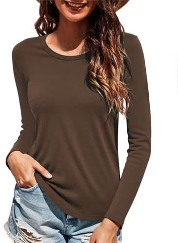 Wayleb T-Shirt Donna Manica Lunga Regular Fit – Maglia Basic Girocollo in Cotone – Top Casual per Shopping, Passeggiate, Tempo Libero – Marrone M