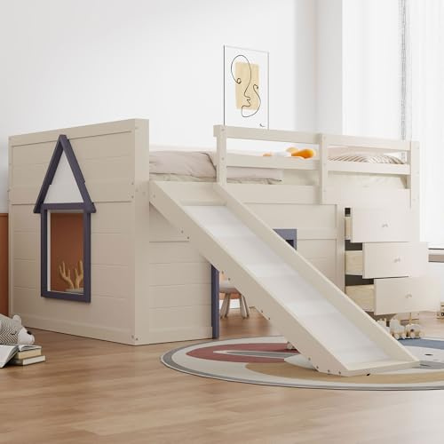 LAKFEW Cama Infantil Cama Alta 140x200 cm con Tobogán y Escalera, Camas Altas con 3 Cajones y 2 Puertas, Camas Infantiles de Madera con Barandillas Anticaída, Crema, Sin Colchón