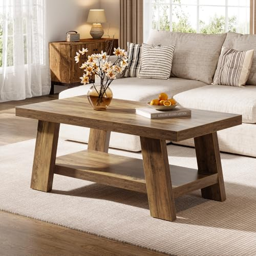 Tribesigns Farmhouse Coffee Table, Rustic Coffee Tables for Living Room, 120 cm Rectangular Wood Living Room Tables, 2-Tier Center Table with Storage for Apartment, Bedroom, Office (Rustic Brown)
