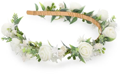 Blumenkranz Haare Elfenohren Elfen Feen Kostüm Damen Rose Flower Kopfband für Frauen Faschingskostüme Karneval Hochzeitsfeier Festival Dekoration Haarstil Accessoire Weiße Blumenkrone Kopfband