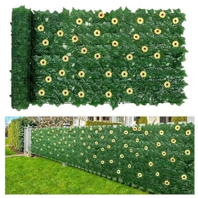 siepe artificiale da esterno Pannelli di recinzione in edera artificiale da 1x3,0 m, con foglie verdi e 96 girasoli, for la privacy, for casa, giardino, balcone