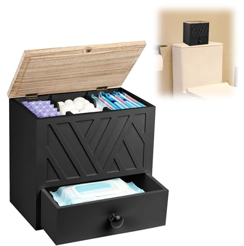 Binden Aufbewahrung Badezimmer, 3 Fächer Tamponhalter für Badezimmer, Tampon Aufbewahrung mit Schublade für Teuchtes Toilettenpapier, Holz Aufbewahrungsbox Organizer für Slipeinlagen (Schwarz)