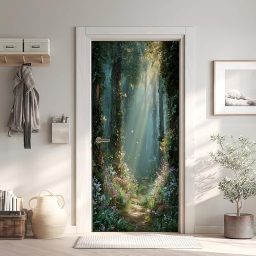 Wald Türtapete Türposter Türfolie Selbstklebend PVC, Natur Türaufkleber Abnehmbar Wasserdicht 90x200 cm, Landschaft Fototapete für Tür Wohnzimmer Kinderzimmer