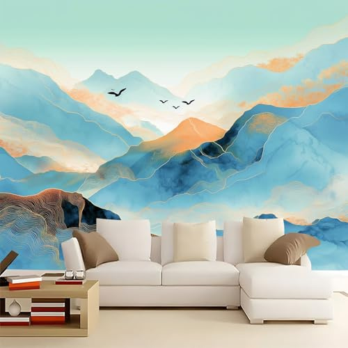 Blu Carta da parati murale, Stile Cinese Montagne Uccelli Carta da parati per soggiorno camera da letto, murale decorativa non tessuto per sala da pranzo corridoio 200 x 140 cm