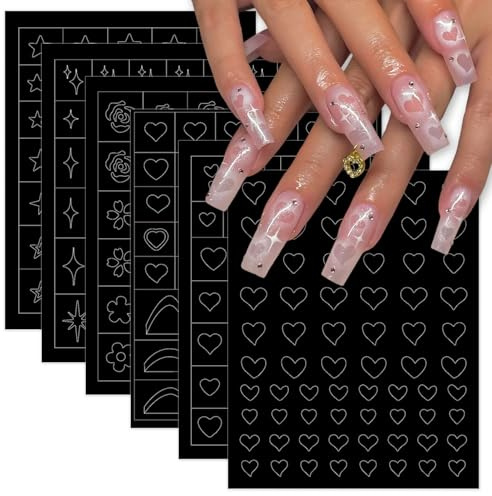 6 Sheets Valentines Day Nail Art Stickers Airbrush Stencils Nail Stickers for Nail Art Self-Adhesive Heart Rose Star Flower French Tip Nail Decals Stencils Tool for Women Girls Nail Art Accessories