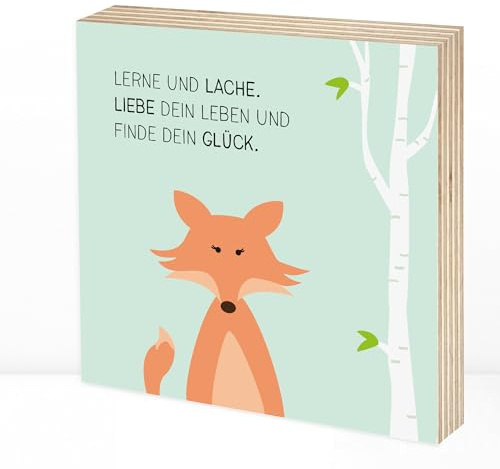 Wunderpixel® Holzbild Finde-dein-Glück Fuchs - 15x15x2cm zum Hinstellen/Aufhängen, echter Fotodruck mit Spruch auf Holz - Wand-Bild Aufsteller Kinderzimmer zur Dekoration oder als Geschenk-Idee