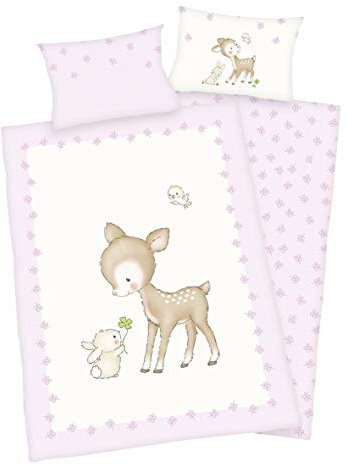 Arle-Living 3 TLG. Baby Bettwäsche Set mit Wende Motiv: REH - Flanell 100x135 cm + 40x60 cm + 1 Spannbettlaken 70x140 cm (mit Laken: weiß)
