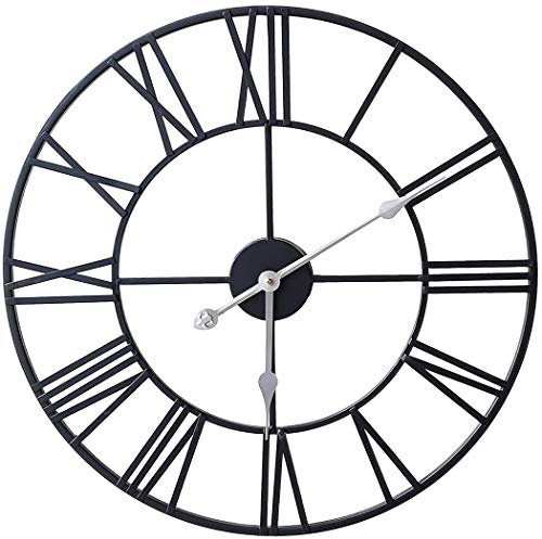 Klass Home 60cm Black Metal Large Wall Clock INDOOR / OUTDOOR | Silent Non-Ticking Roman Numerals Clocks For Living Room | Bedroom, Kitchen, Garden Clock | Home Decor
