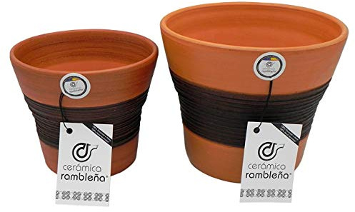CERÁMICA RAMBLEÑA | Macetas de Barro Rojo | Macetas Decorativas | Macetas de cerámica | Macetas Exterior | Marrón-Nogal | Decoración 100% Hecho a Mano | 20x20x17cm + 17x17x14cm