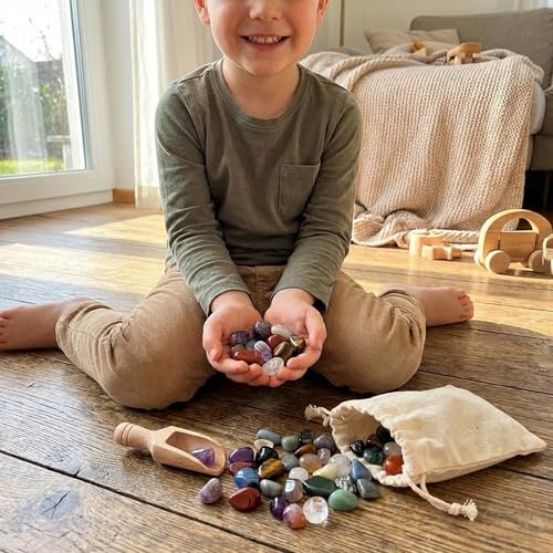 Edelsteine Halbedelsteine 90 Stück im Stoffsack für Edelsteinspiel, Kalaha 1A Premiumqualität! Trommelsteine optimal für Kinder und Jugendliche, zur Schatzsuche und Dekoration