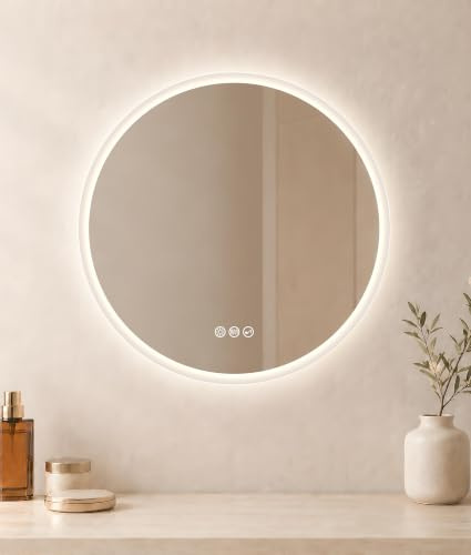 S'bagno Bluetooth Runder-Badspiegel-mit-Beleuchtung-60cm | Badezimmerspiegel-mit-Beleuchtung, Entfoggen, 3000K/4000K/6500K, Dimmbar, HD-gehärtetes Glas, Speicherfunktion, IP44