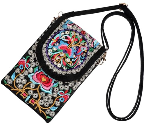 ibasenice Embroidered Crossbody Bag Lightweight Canvas Phone Pouch with Zipper for Women Girls Ethnic Style Messenger Bag for Travel Daily Use Stylish Floral Pattern