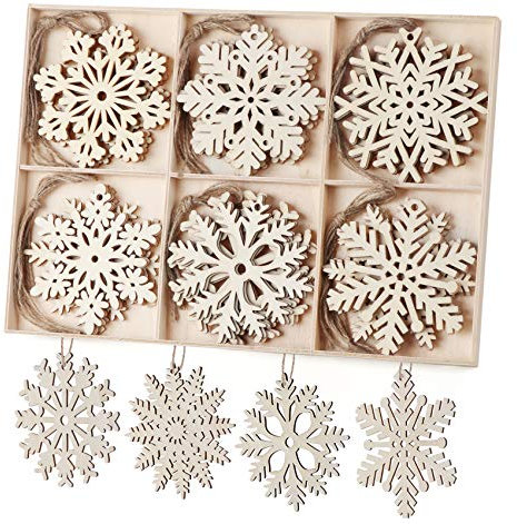 ilauke 30 fiocchi di neve in legno intagliati fiocchi di neve decorazioni per albero di Natale con corda per Pendenti Legno Natalizi Addobbi Albero Ornamenti Decorativi Appeso DIY Artigianato