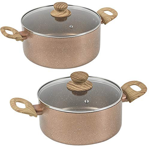 Non Stick Ceramic Induction Casserole Dish Stockpot Pot Soup Stew Pan Glass Lid (Rose Gold Marble, 20cm + 24cm Set)